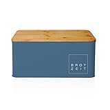 Lumaland Cuisine Brotkasten | Brotdose aus Metall mit Bambus Deckel | Brotbox rechteckig 30,5 x 23,5 x 14 cm | 2in1 Brotbehälter & Schneidebrett [Blau]