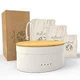 HerzensWahl Brotkasten Keramik Set groß | Brottopf weiß mit Bambusdeckel | inkl. 3x Brotbeutel aus Leinen | 36,5 x 24,5 x 13,5cm