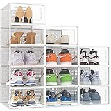 HOMIDEC Schuhboxen Stapelbar Transparent, 12er Pack Schuhkarton, Schuhaufbewahrung mit Deckel für Turnschuhe, Stöckelschuhe und Hausschuhe, bis Größe 45, Weiß