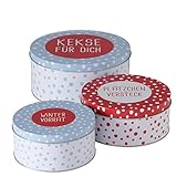 CasaJame 3er Set Metall Keksdose Plätzchendose blau rot weiß mit Spruch Kekse Plätzchen Wintervorrat Sortiert H6-9cm