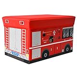TE-Trend Sitztruhe Aufbewahrungsbox Feuerwehr Faltbox mit Deckel Kinder Feuerwehrauto zur Spielzeug Aufbewahrung 30l Spielzeugkiste in Rot